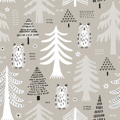 Seamless pattern  with  pine trees and owls. Scandinavian style vector background.