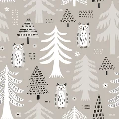 Fotobehang Uit de natuur Naadloos patroon met pijnbomen en uilen. Scandinavische stijl vector achtergrond.