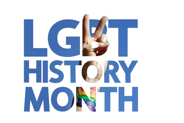 LGBT History Month modern concept, mixed media. Hand with victory gesture and drawn colorful rainbow. Clipped text and drawn flag of freedom symbol.