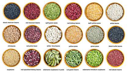 set of various peas and beans in bowls with names