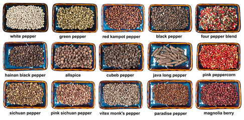 set of various peppercorns in bowls with names