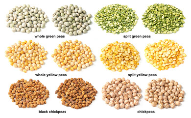 set of piles of variuos peas cutout on white