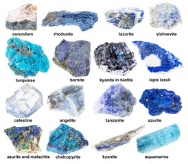 set of various blue raw minerals with names