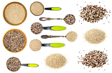 set of various quinoa seeds cutout on white