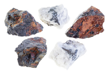 set of various wolframite stones cutout on white