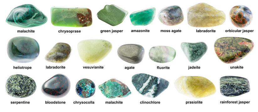 set of various tumbled green stones with names