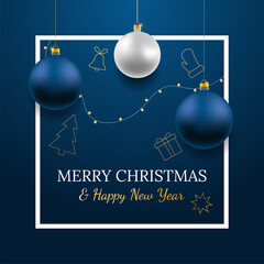 Merry Christmas and Happy New Year vector banner. Realistic rose gold and blue baubles, snowflakes hanging on dark blue background with realistic garland. Background with gold Christmas icon