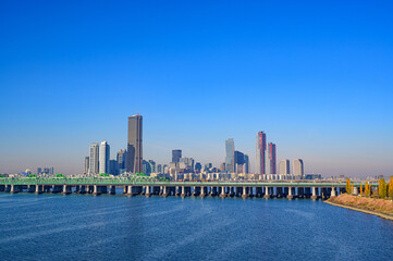 Cityscape of Yeouido and Han River in Seoul in the daytime