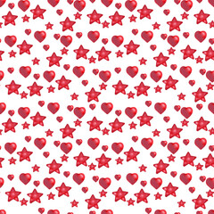 Watercolor seamless pattern with stars, balls and hearts in a strict and free geometric order
