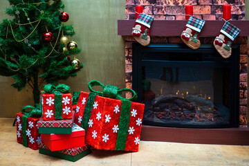 christmas tree and gift wrapping background