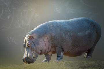 a hippopatamus ( hippo ) standing in a field of grass