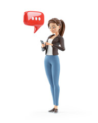 3d cartoon woman texting with smartphone