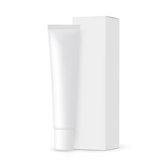 Blank Plastic Cosmetic Tube with Tall Paper Box Mockup, Isolated on White Background. Vector Illustration