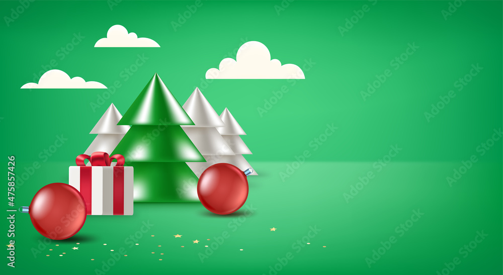 Poster christmas composition with abstract pines, gift box and baubles. 3d vector banner with copy space
