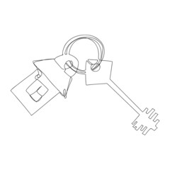 Continuous line drawing key with house keychain, mortgage concept. Vector illustration.