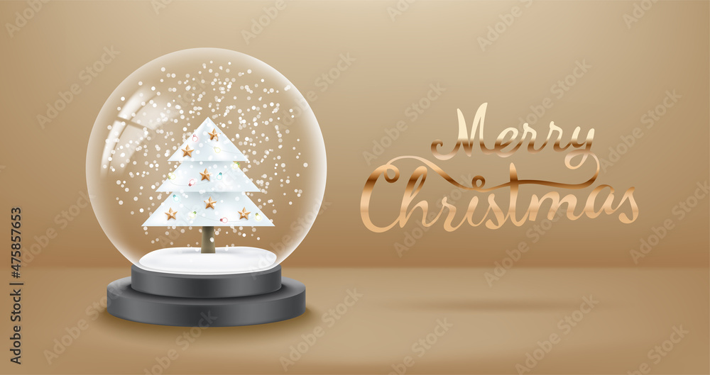 Aufkleber glass snowball with snow and christmas tree. 3d vector banner with copy space