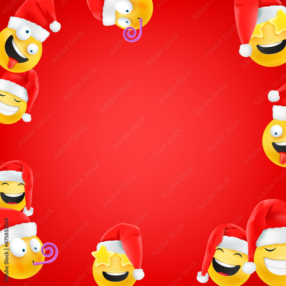 Poster laughing faces with santa hats vector background. story template with copy space