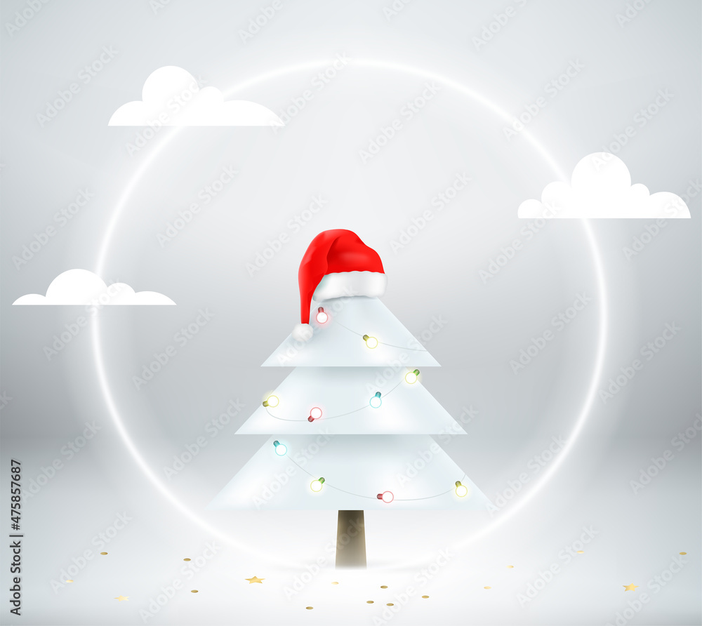 Poster christmas tree with garland and santas hat. 3d vector banner with copy space