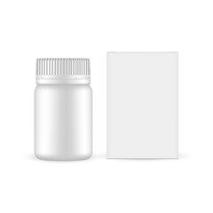 Plastic Jar and Paper Box. Blank Packaging Mockup for Medical Products. Vector Illustration