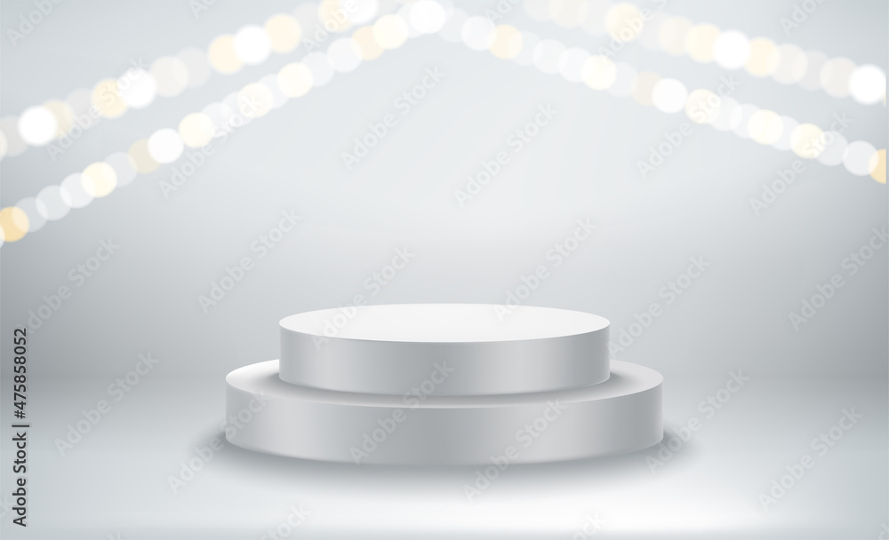 Poster Bright room with podium and garland with bokeh effect. Realistic showcase. 3d style vector illustration