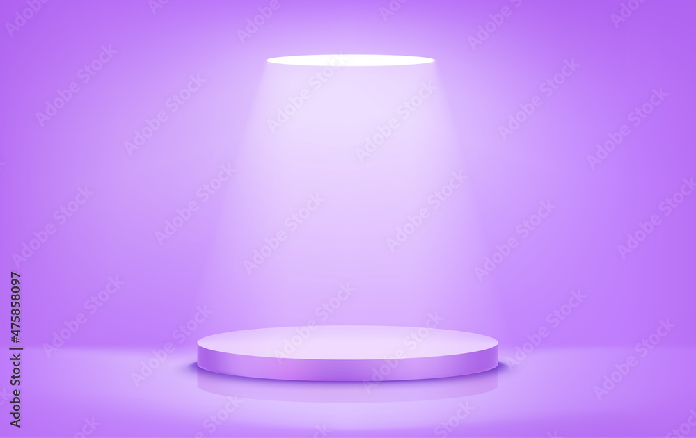 Poster illuminated violet round stage with bright light. realistic vector illustration