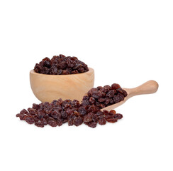Dried raisins in the wooden bowl isolated on white background