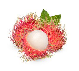 Fresh rambutan fruit with leaves isolated on white background