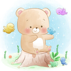 Cute Little Bear Playing With Birds