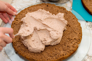 Working process of baking cake at home. Close up of female hand topping cream on chocolate biscuit. Culinary and delicious dessert concept.