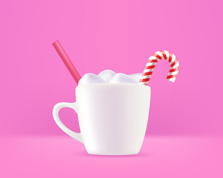 Drink with marshmallow. 3d style vector banner with copy space