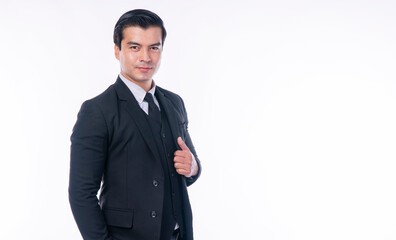 Obraz na płótnie Canvas Confident positive handsome businessman project manager, lawyer, director, groom, marketing, gentleman wear black suit standing over isolated white background. Business success concept.