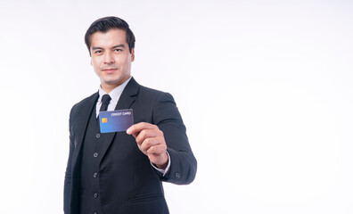 Success handsome businessman wear suit with tie holding privileges credit card mockup transfer...