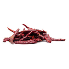 Pile of red dried chilli on white background. It's ingredient for Asian curry paste, chili sauce and many kind of sauce. Spot Focus.
