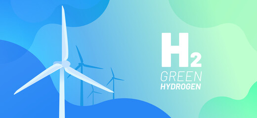Green Hydrogen vector illustration concept. Alternative energy and fuel source. Wind turbine and text H2. Abstract background for website banner, advertising campaign or news article.