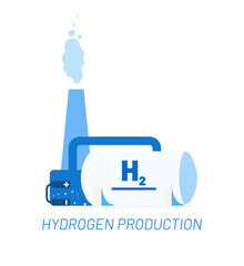 Hydrogen fuel production vector illustration concept. Scheme with hydrogen tank and electrolysis equipment. Template for website banner, advertising campaign or news article.