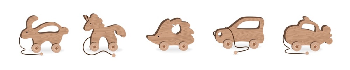 Children's toys for Children's Games and Entertainment set Wooden Hedgehog machine Hippo Whale Submarine Turtle Vector Illustration