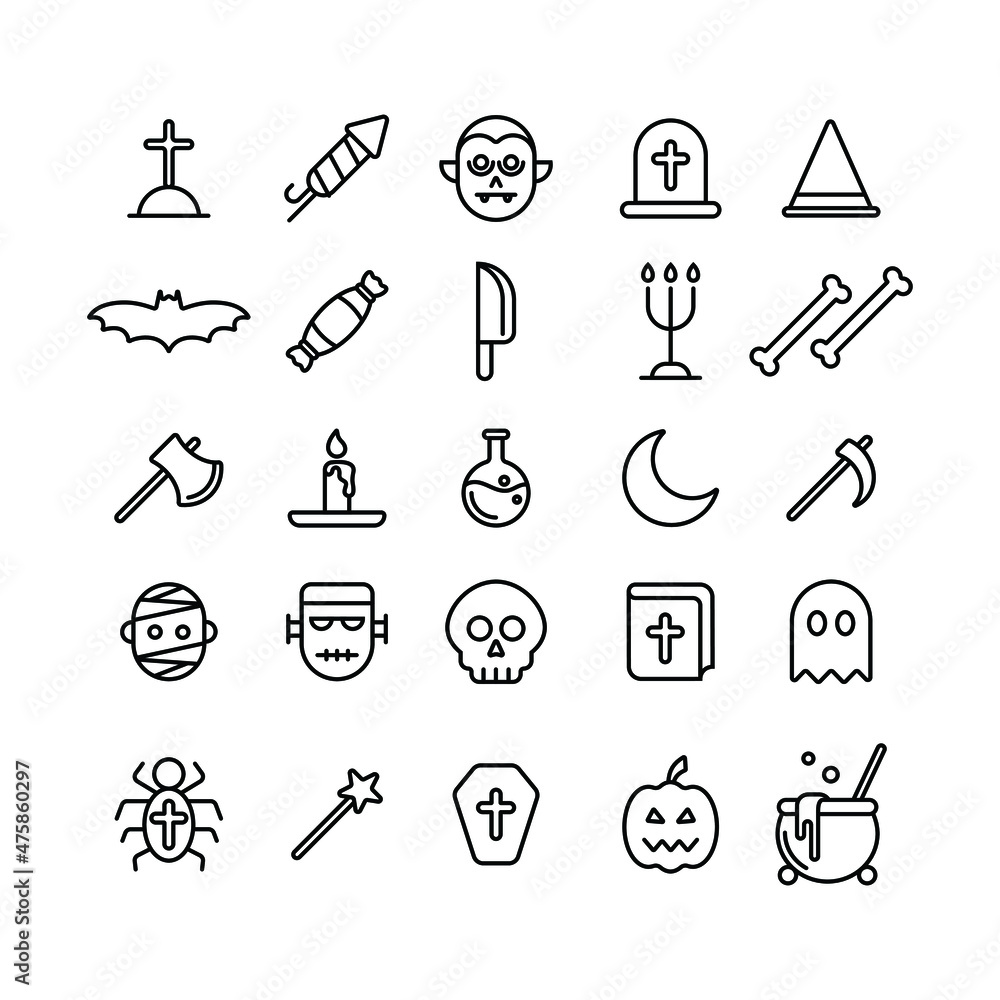 Poster set of icon collection related to halloween event. the editable stroke line for web icon interface o