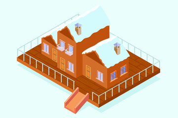 Ski resort wood cabin vector isometric, 3D rendering.  Isometric projection of ski resort wood house illustration with snow covered roofs on the snow platform. Vector illustration
