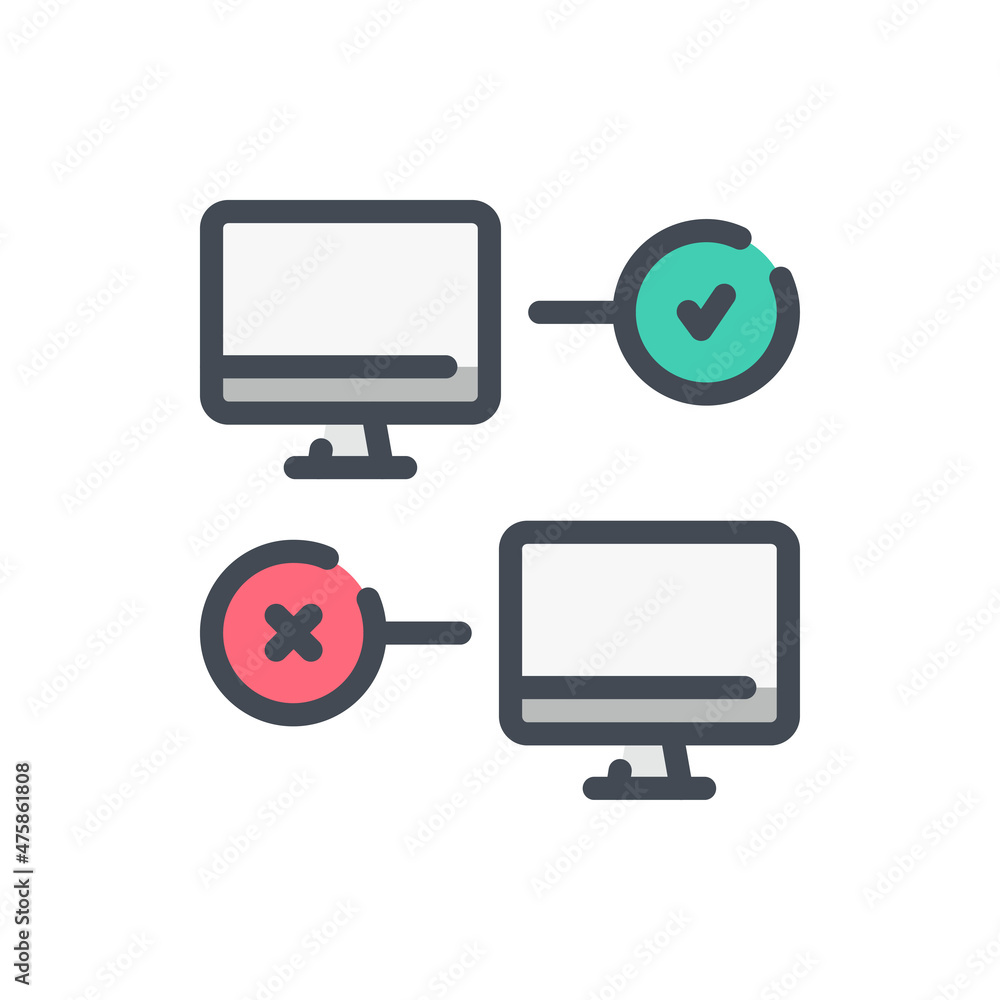 Poster response from computer color line icon. two pcs with check mark and cross vector outline colorful si
