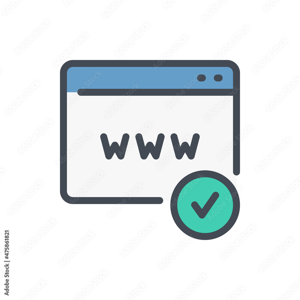 Poster verified website color line icon. web page with www and check mark in circle vector outline colorful