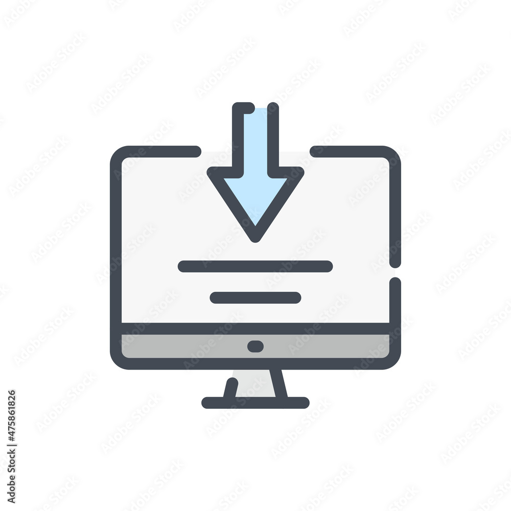 Poster download to computer color line icon. pc with arrow down vector outline colorful sign.