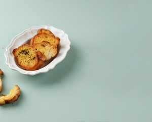 Crispy Garlic Bread Made from Baked  Sliced Baguette with Butter and Herbs. Copy Space for Text
