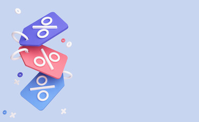 Discount coupon for online shopping and purchases. Banner template with an empty copy space. Mockup. 3D Rendering. Blue