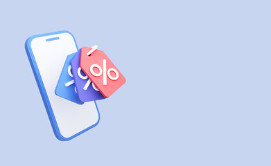 Mobile Phone with discount coupons. Banner template for promotion with empty copy space. Shopping and online purchases. 3D Rendering. Blue