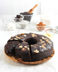 Brownies Ketan Hitam or Black Sticky Rice Brownie Cake, Topped with Almond Slice