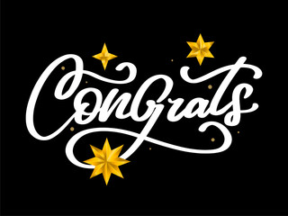 Congrats. Beautiful greeting card poster with calligraphy black text Word gold fireworks star. Hand drawn design elements. Handwritten modern brush lettering