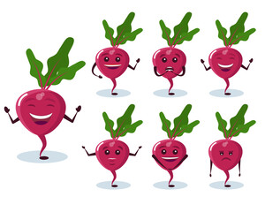 Beetroot set - character and emotions. Anthropomorphic hero. Vector illustration in cartoon style.