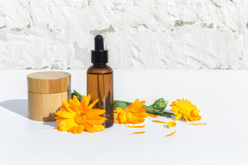 Natural cosmetics based on calendula. Skin care. Calendula flowers.