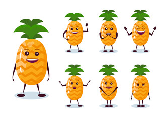 Pineapple set - character and emotion. Anthropomorphic hero. Vector illustration in cartoon style.