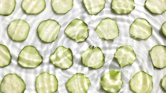 Medium shot of multiple water drops falling on water surface making multiple water circles over cucumber slices arranged in rows on white background | skincare background, body wash commercial
